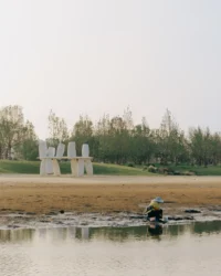 Installation on the shore beyond a tide pool where a person gathers shellfish, Seaside Swing Installation by XBTW OFFICE