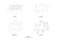 Four axonometric drawings separating the structure, lighting, swings and perforated cylinders, Seaside Swing Installation by XBTW OFFICE