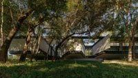 Wide view of the house stretched beneath the tree canopy with angled concrete planes