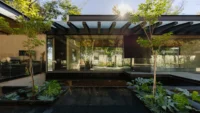 Glass pavilion under a steel pergola with a planted pool in front