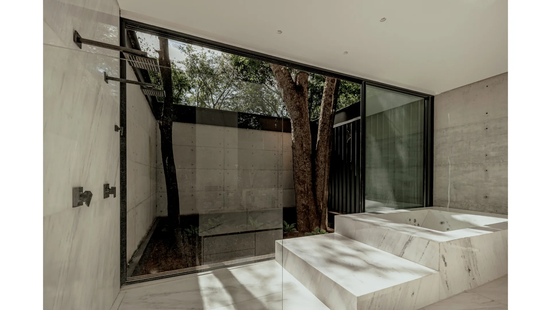 Bathroom with a white stone bath and a tree trunk standing behind the glass