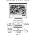 Patent drawing of a monitor showing a village inside a giant tree above a text query box and a system block diagram