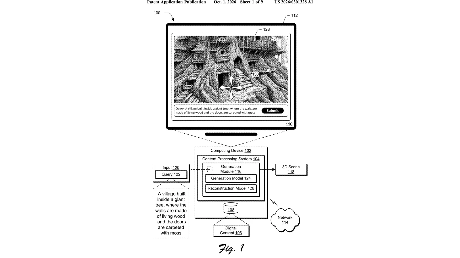 Patent drawing of a monitor showing a village inside a giant tree above a text query box and a system block diagram