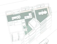 Axonometric drawing of the fourth floor unit showing furniture, the wooden core and window bands, Aguacate Space by ALE Estudio