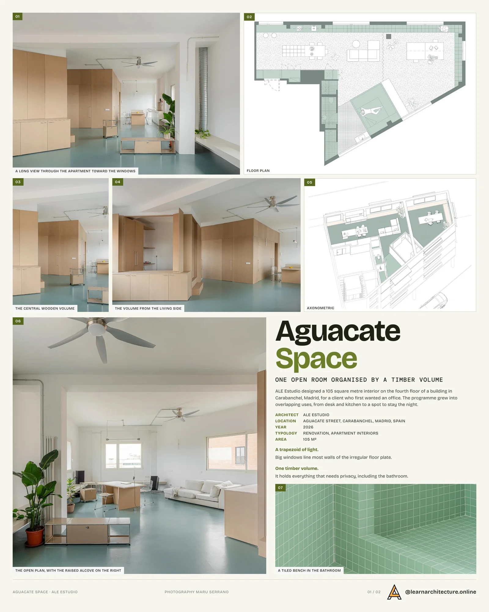 Presentation board cover for Aguacate Space by ALE Estudio, with the lead image, project summary and a grid of photographs and drawings