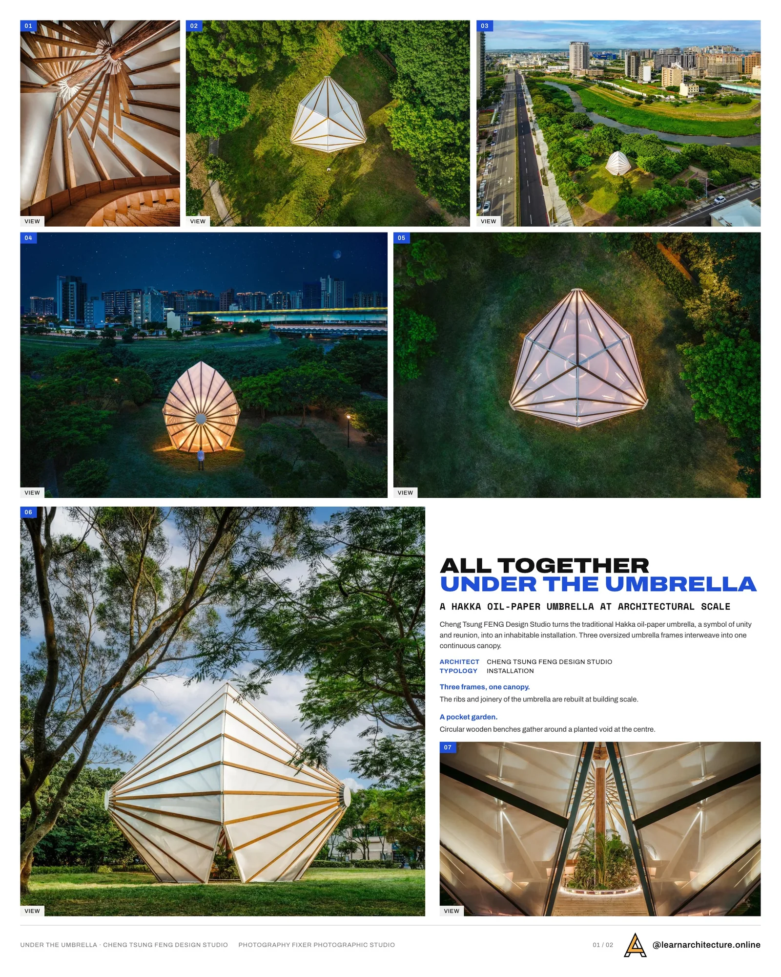 Presentation board cover for All Together Under the Umbrella by Cheng Tsung FENG Design Studio, with the lead image, project summary and a grid of photographs and drawings