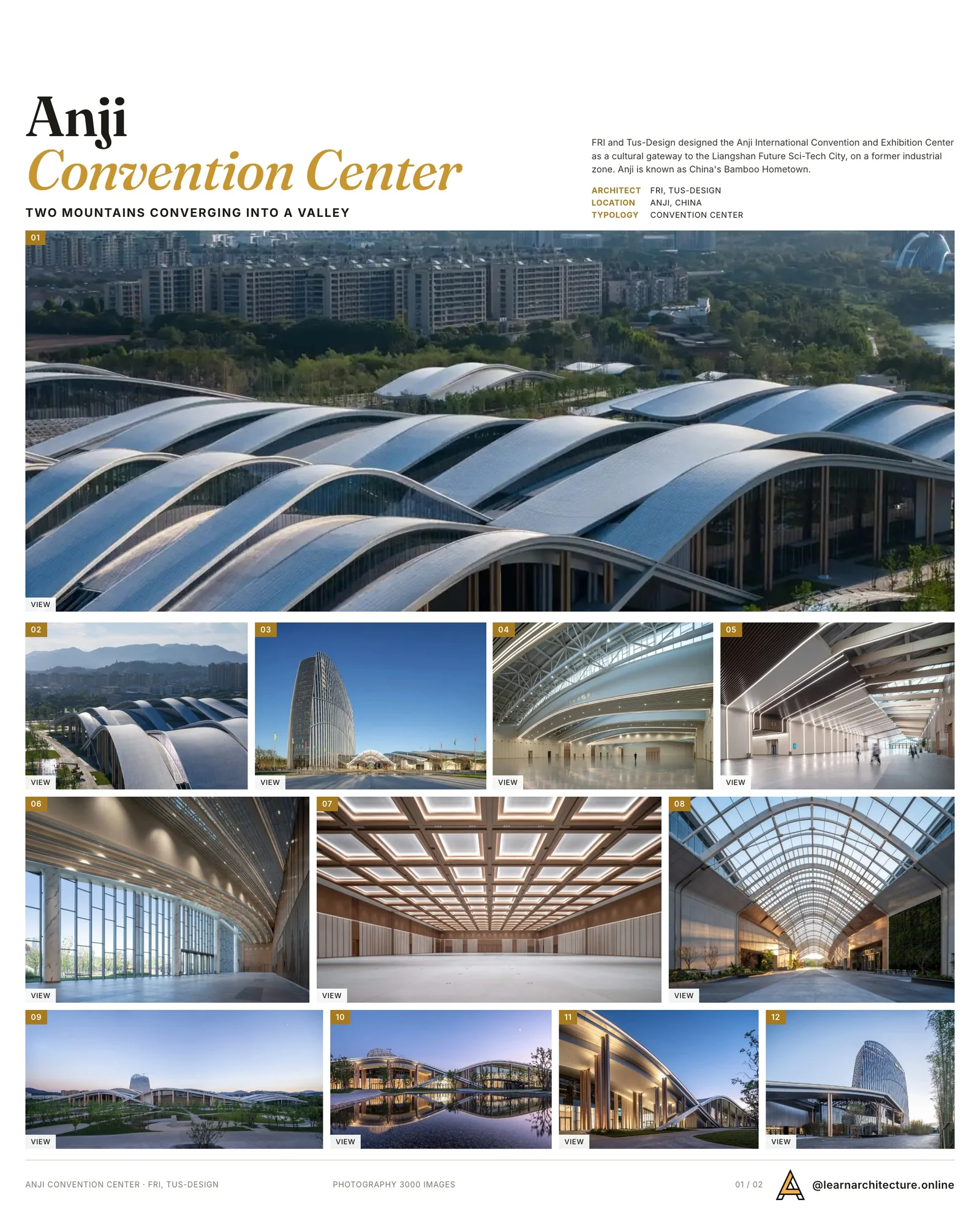 Presentation board cover for Anji International Convention and Exhibition Center by FRI & Tus-Design, with the lead image, project summary and a grid of photographs and drawings