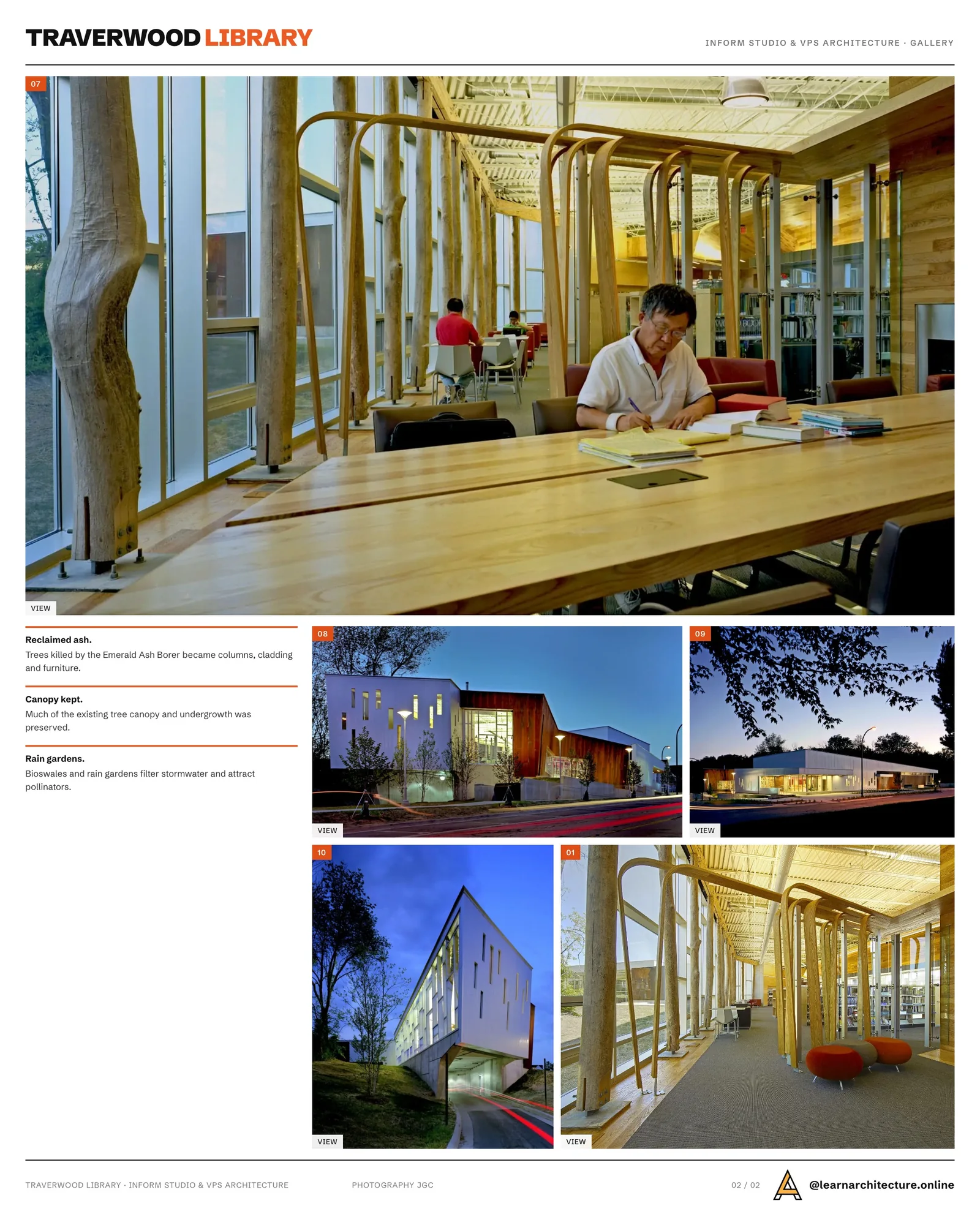 Second presentation board sheet for Ann Arbor Traverwood Library by INFORM Studio & VPS Architecture, laying out the project drawings and images on one page