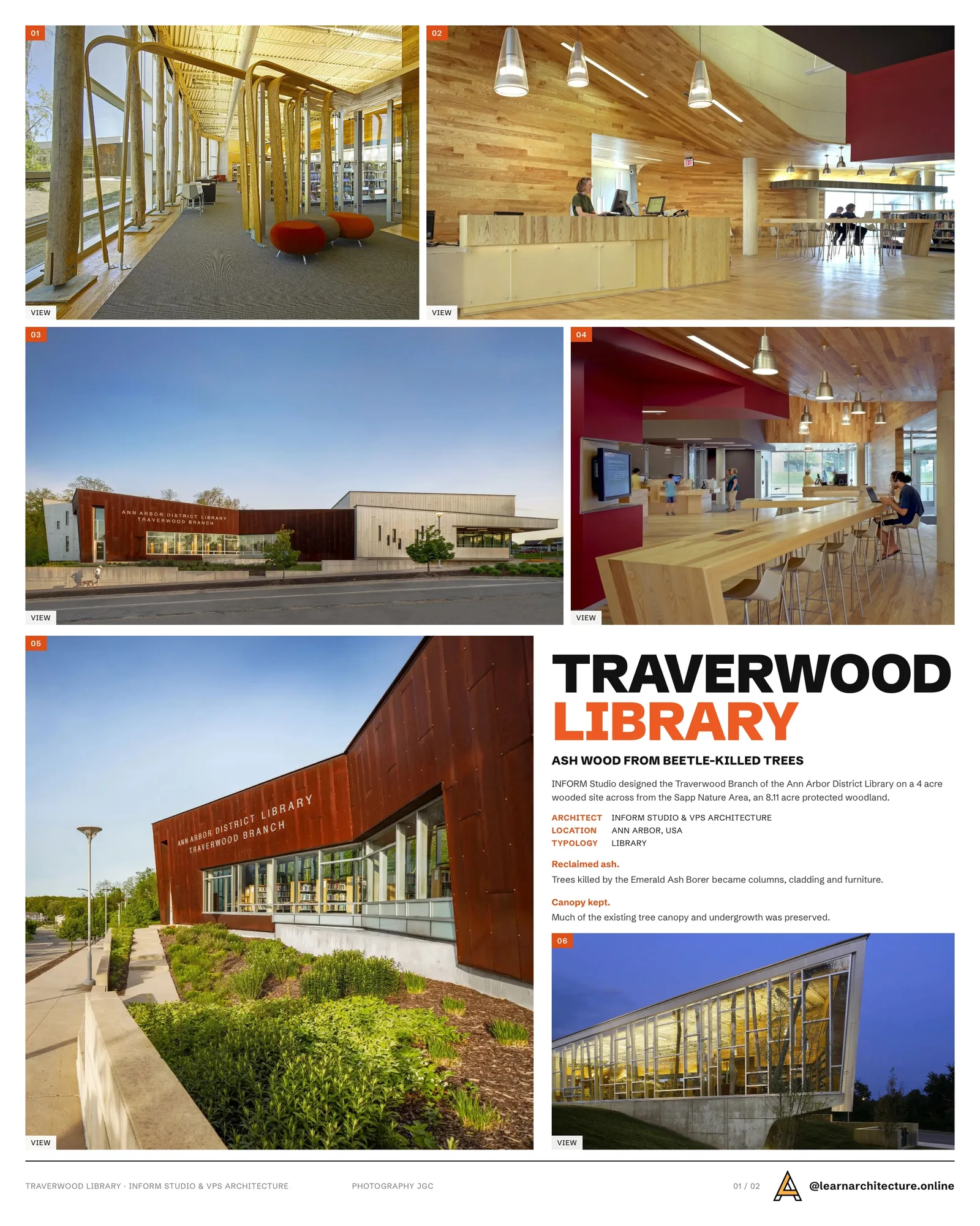 Presentation board cover for Ann Arbor Traverwood Library by INFORM Studio & VPS Architecture, with the lead image, project summary and a grid of photographs and drawings