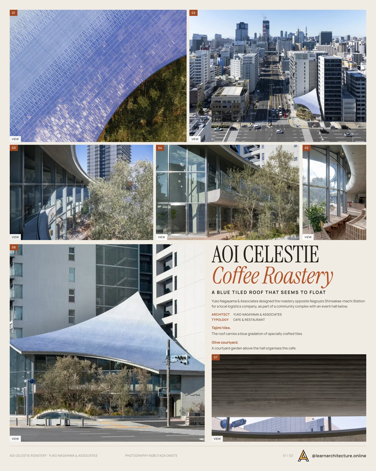 Presentation board cover for AOI CELESTIE Coffee Roastery by Yuko Nagayama & Associates, with the lead image, project summary and a grid of photographs and drawings