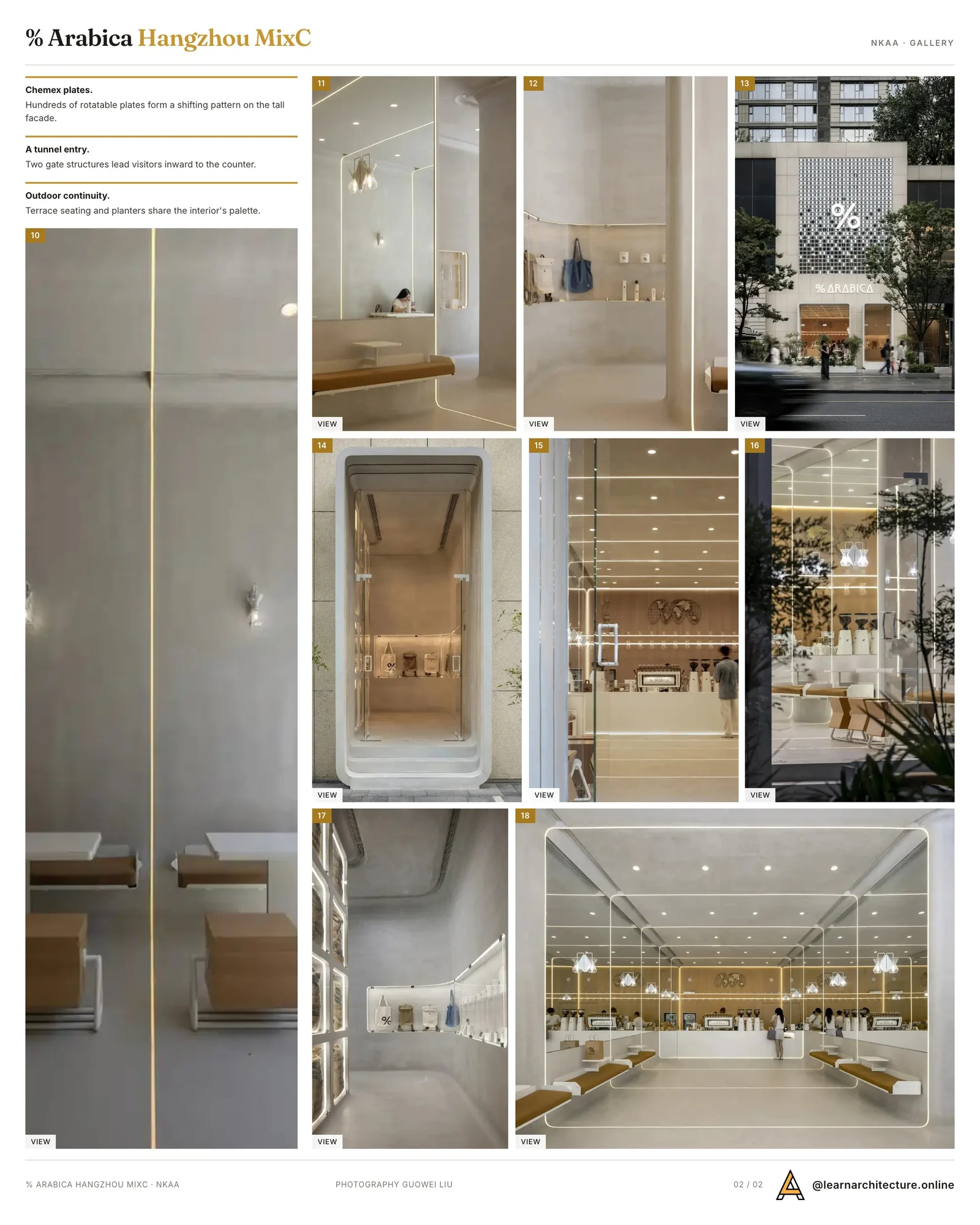 Second presentation board sheet for % Arabica Hangzhou MixC by Nguyen Khai Architects & Associates (NKAA), laying out the project drawings and images on one page