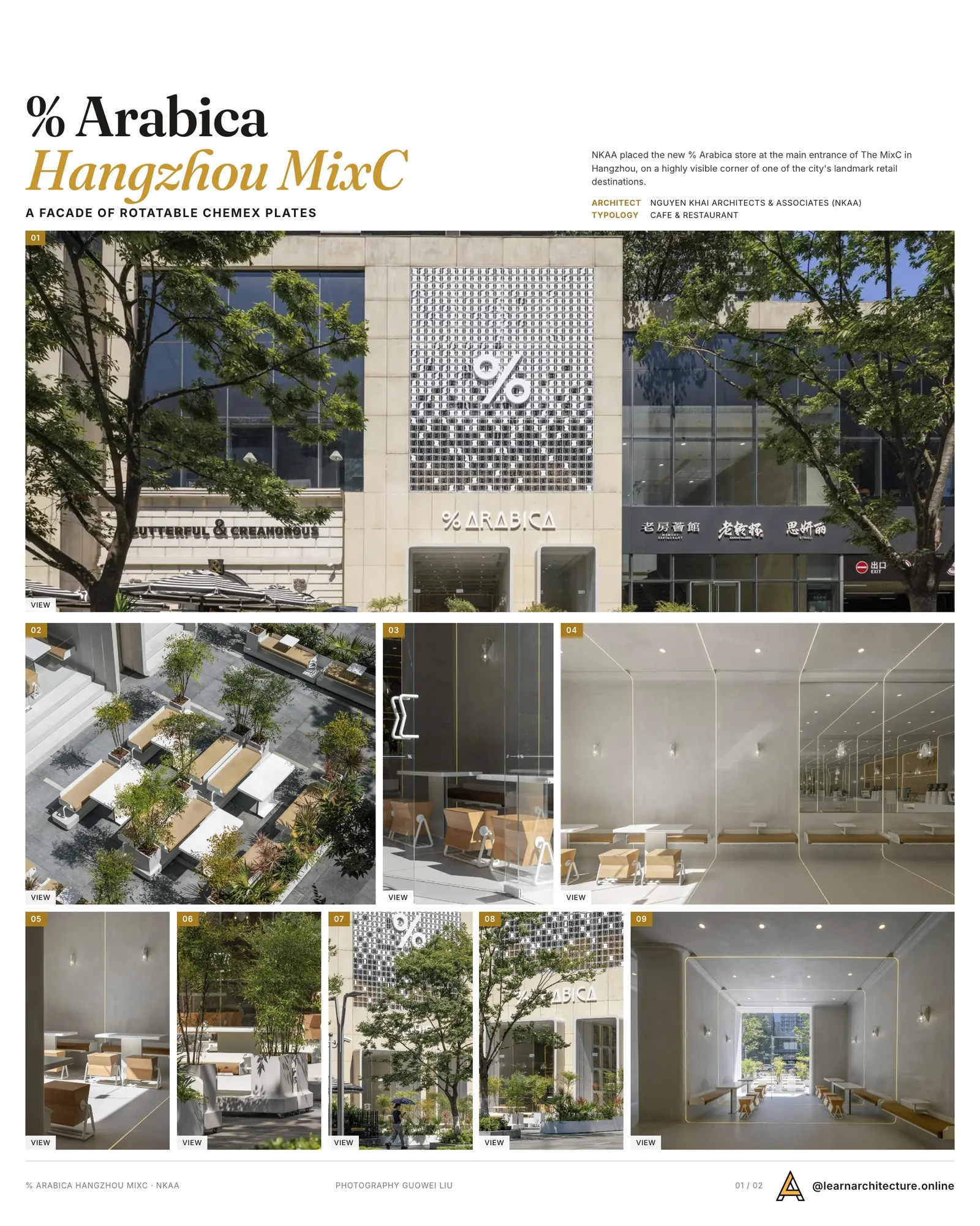 Presentation board cover for % Arabica Hangzhou MixC by Nguyen Khai Architects & Associates (NKAA), with the lead image, project summary and a grid of photographs and drawings