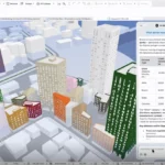 Archicad window with a colourful 3D city block model and a side panel of AI assistant answers and a data table