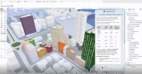 Archicad window with a colourful 3D city block model and a side panel of AI assistant answers and a data table
