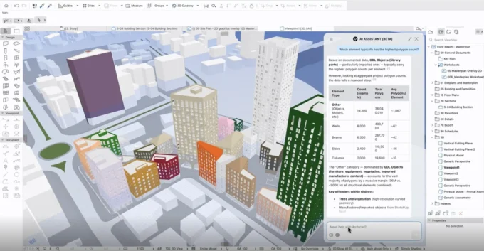 Archicad window with a colourful 3D city block model and a side panel of AI assistant answers and a data table