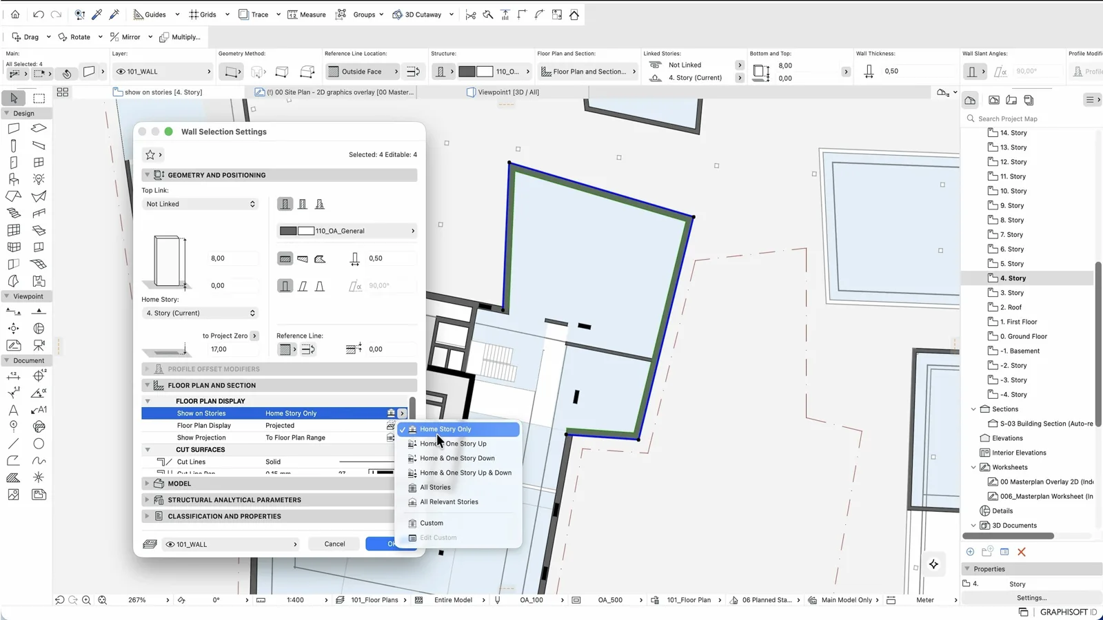 Archicad floor plan with a wall selected and a settings dialog open, a dropdown listing story display options