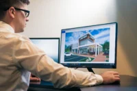 Man in glasses at a desk looking at a monitor showing a rendering of a modern building