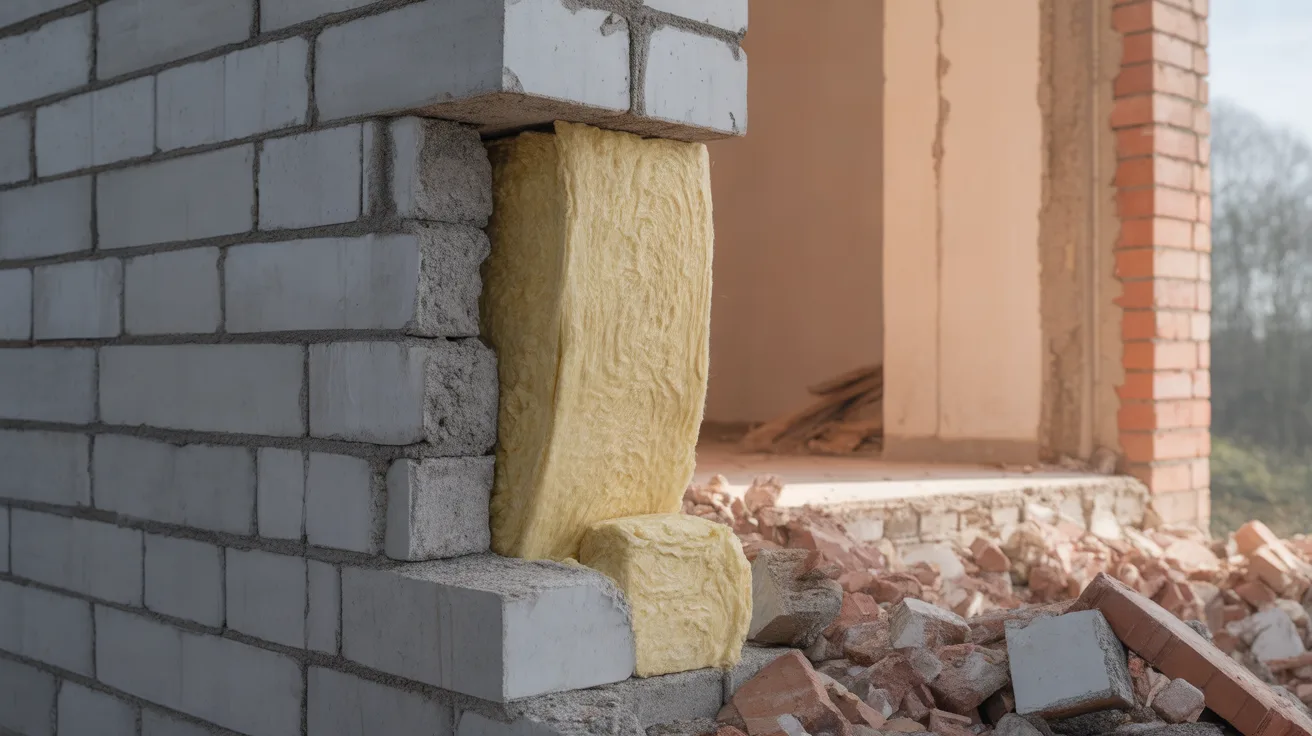 Partly demolished cavity wall showing grey concrete blocks, yellow mineral wool insulation and red brick in cross section