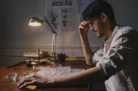 Young man at a lamp-lit desk resting his head on his hand beside a white architectural model and drawings