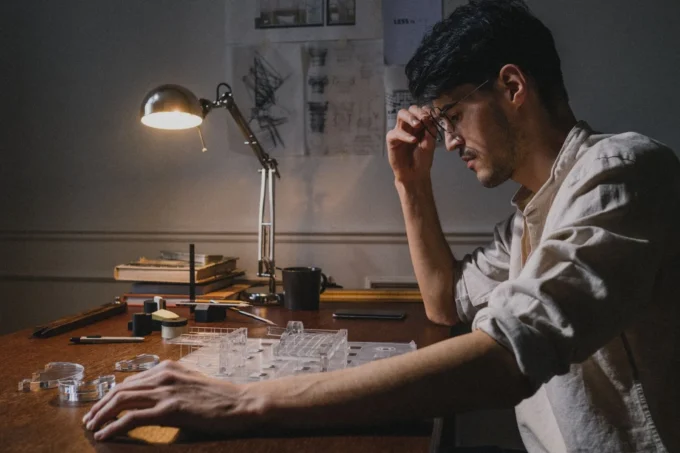 Young man at a lamp-lit desk resting his head on his hand beside a white architectural model and drawings