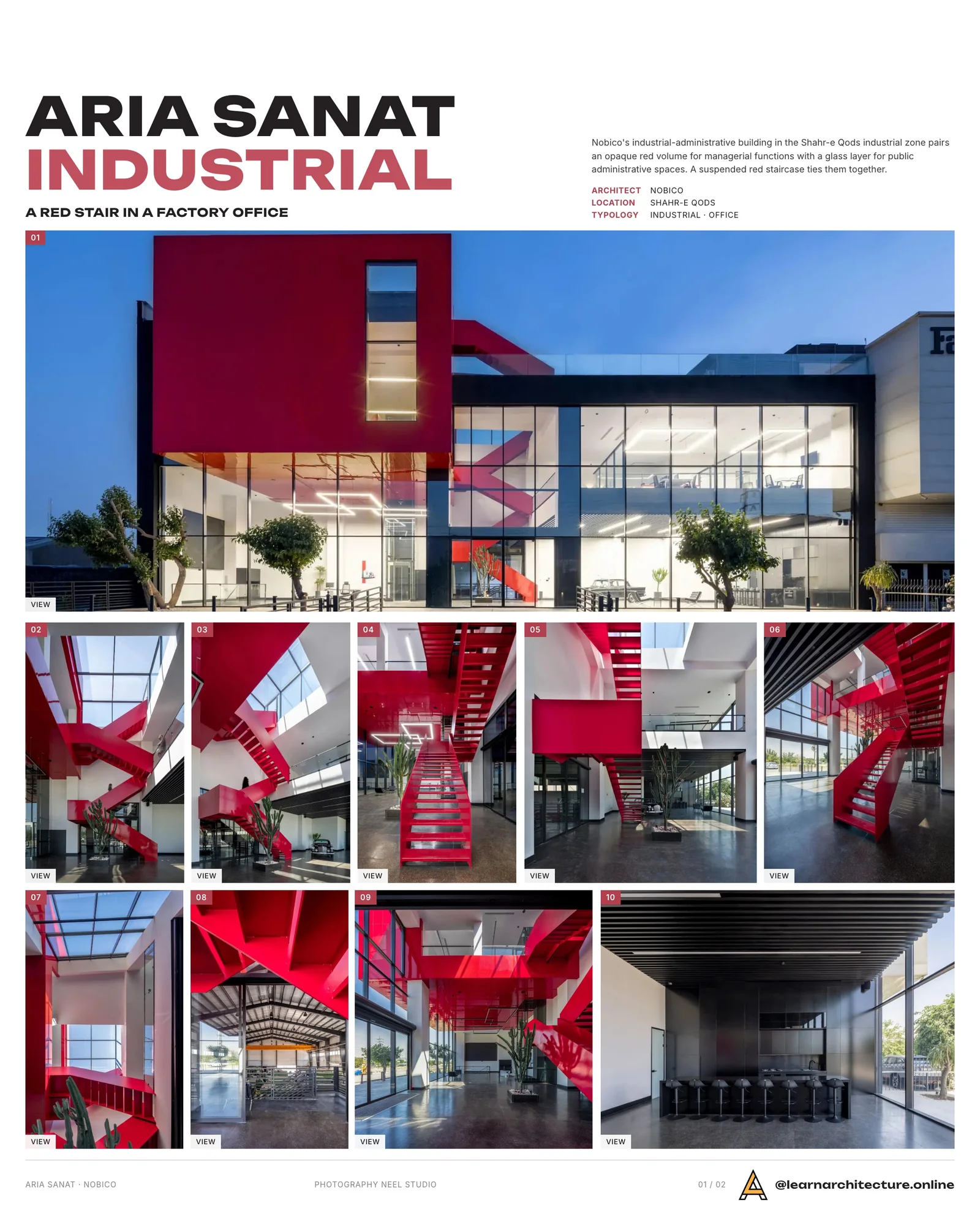 Presentation board cover for Aria Sanat Industrial-Administrative Project by Nobico, with the lead image, project summary and a grid of photographs and drawings