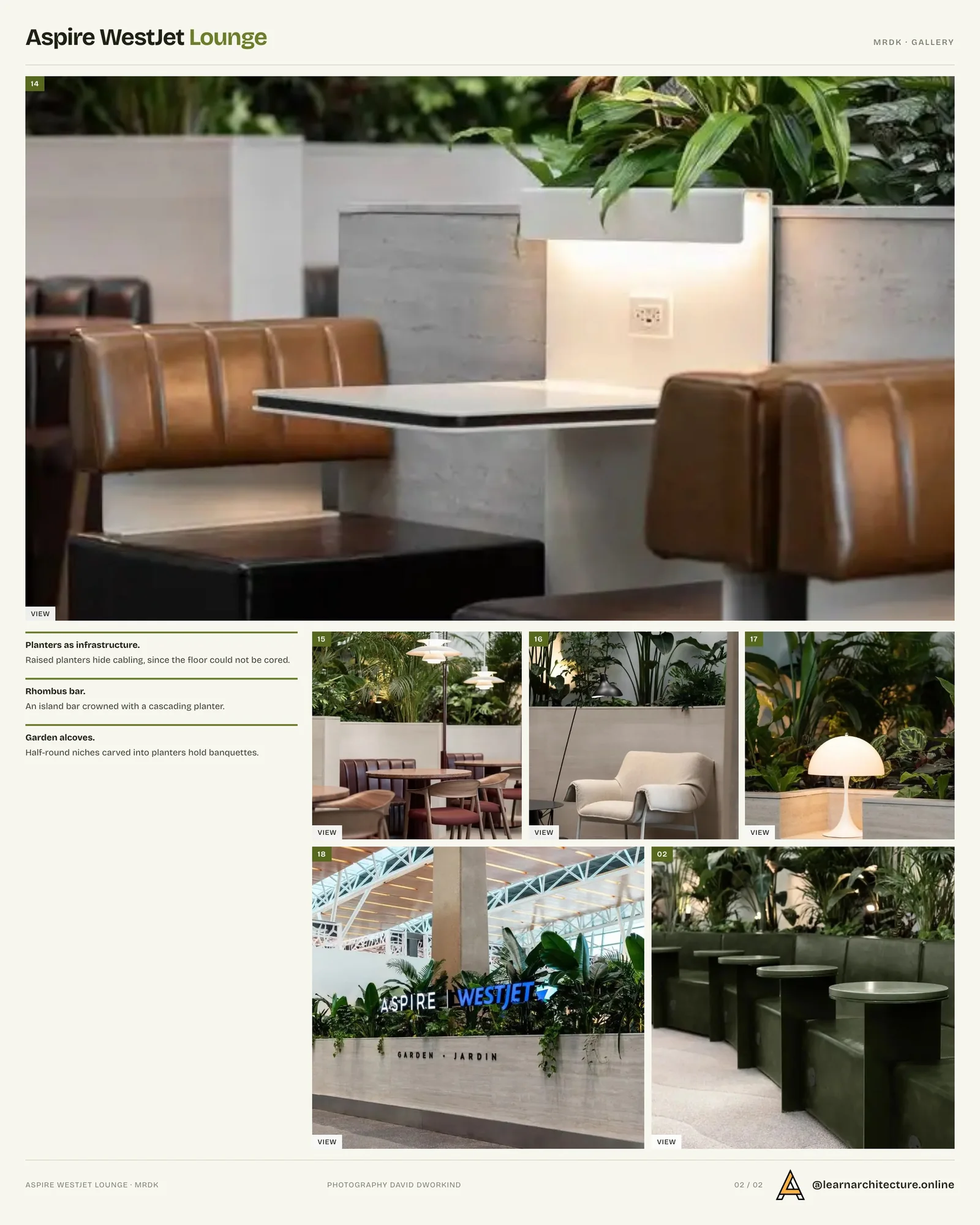 Second presentation board sheet for Aspire Westjet Lounge by MRDK, laying out the project drawings and images on one page
