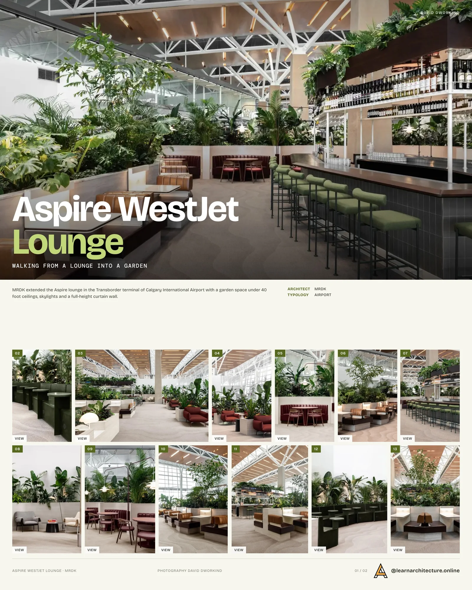 Presentation board cover for Aspire Westjet Lounge by MRDK, with the lead image, project summary and a grid of photographs and drawings