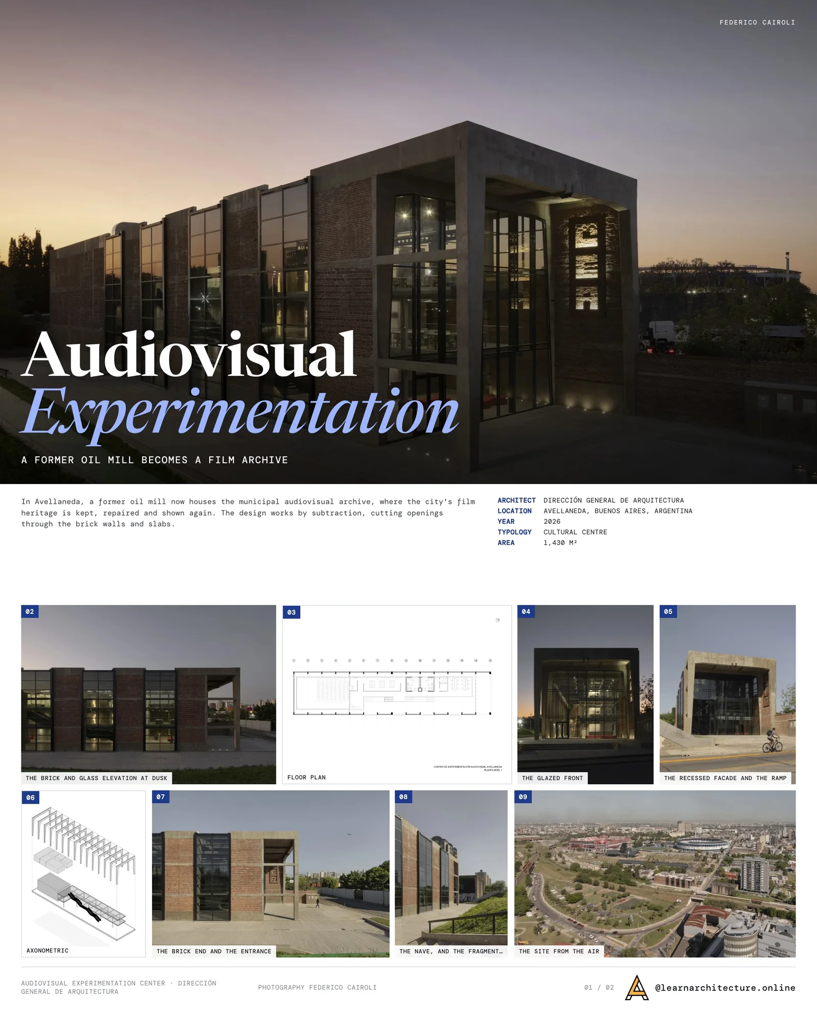 Presentation board cover for Audiovisual Experimentation Center by Direccion General de Arquitectura, with the lead image, project summary and a grid of photographs and drawings