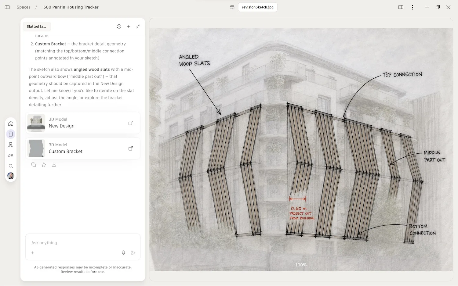 Software window showing a hand sketch of angled wood slats on a building corner, with notes and a chat panel on the left