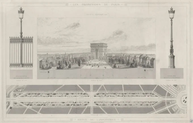Avenue Foch, formerly Avenue de l'Impératrice (1854), Paris, France, profile and plan from Alphand's Les Promenades de Paris