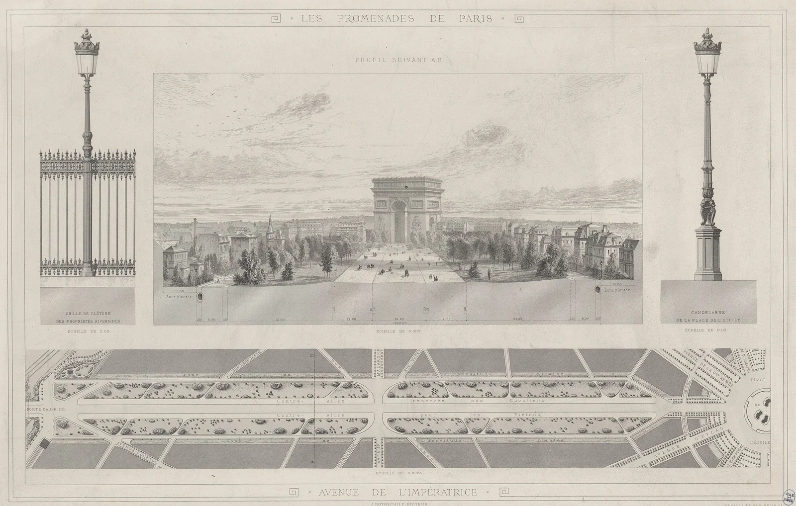Avenue Foch, formerly Avenue de l'Impératrice (1854), Paris, France, profile and plan from Alphand's Les Promenades de Paris