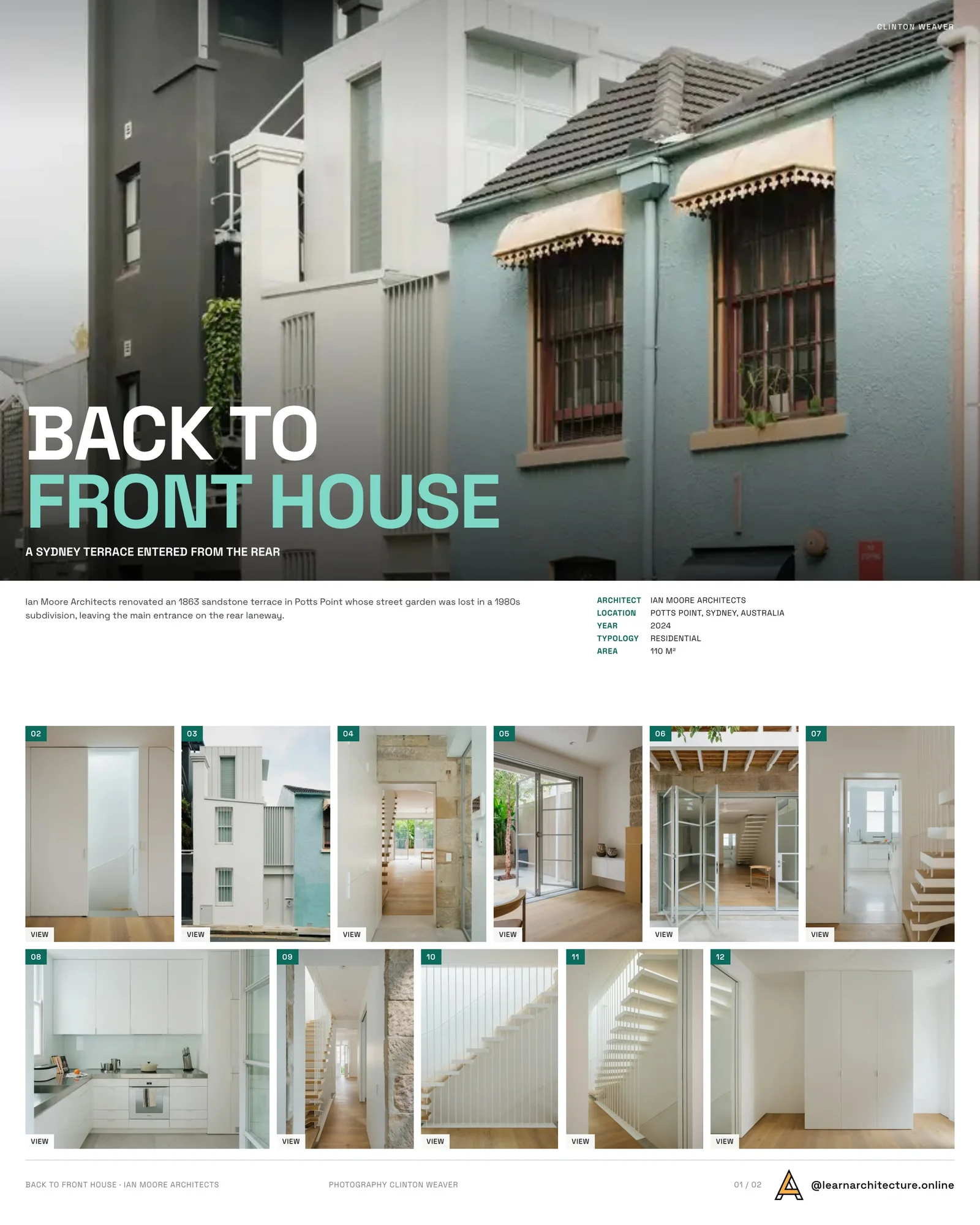 Presentation board cover for Back to Front House by Ian Moore Architects, with the lead image, project summary and a grid of photographs and drawings