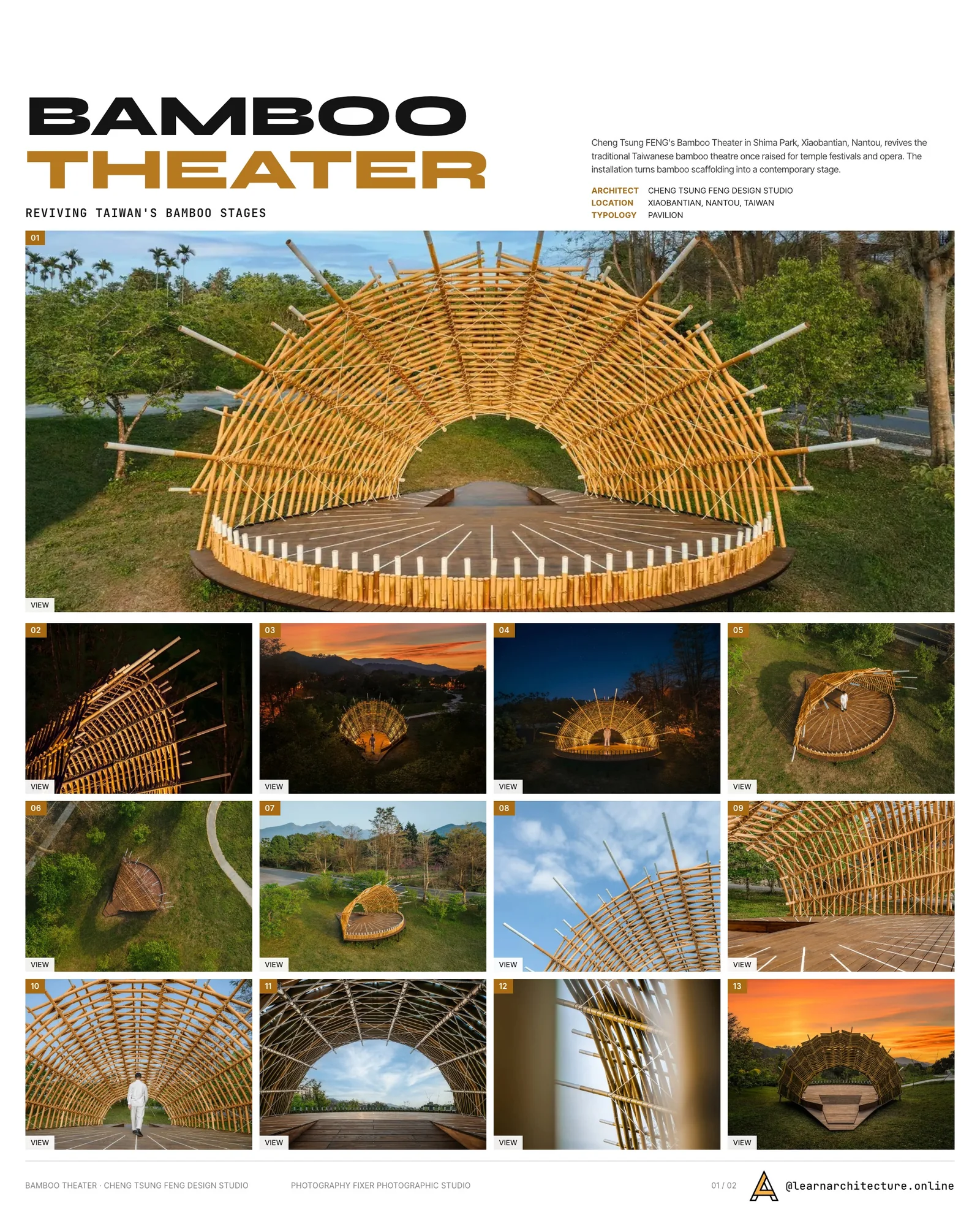 Presentation board cover for Bamboo Theater by Cheng Tsung FENG Design Studio, with the lead image, project summary and a grid of photographs and drawings