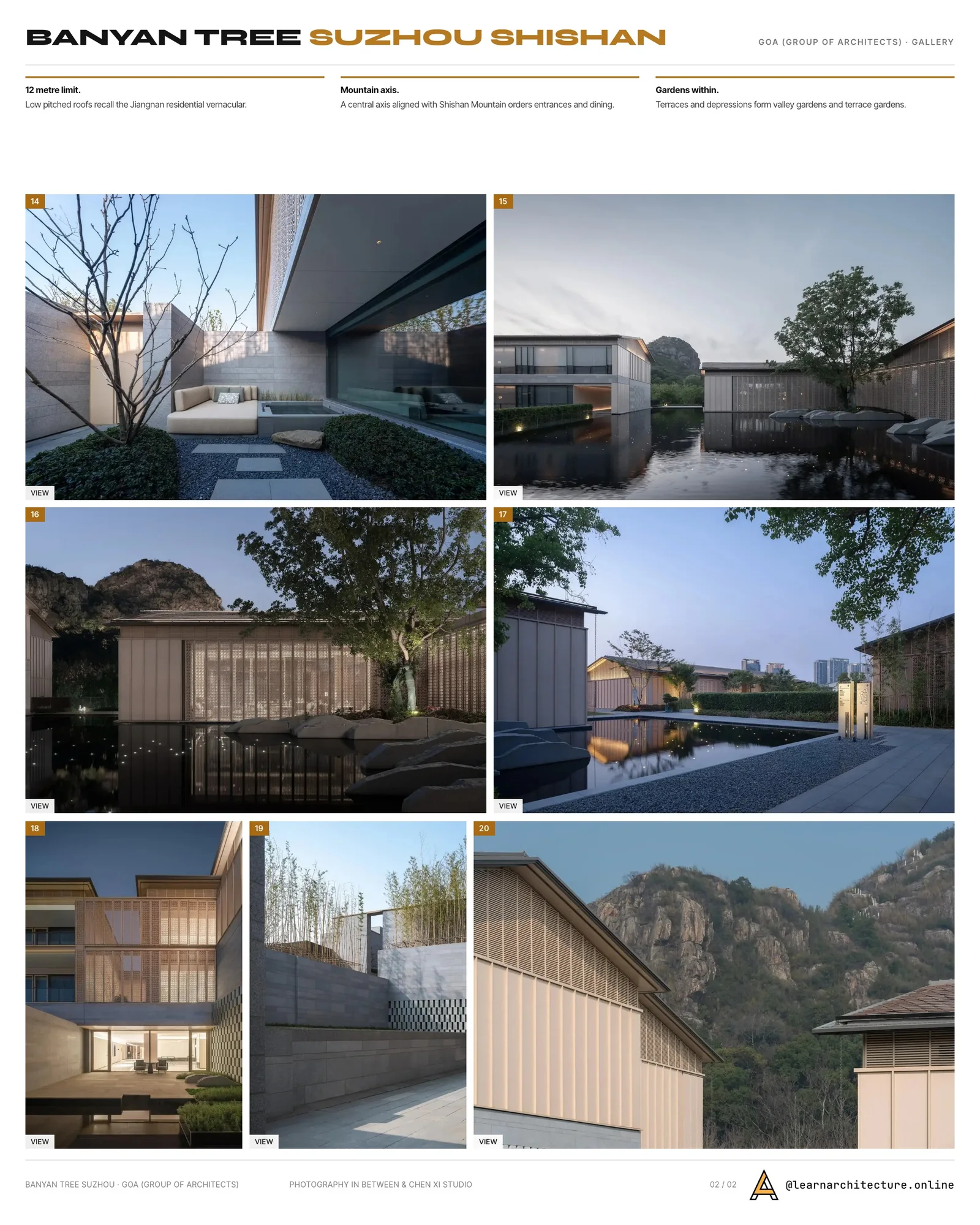 Second presentation board sheet for Banyan Tree and Angsana Suzhou Shishan by GOA (Group of Architects), laying out the project drawings and images on one page