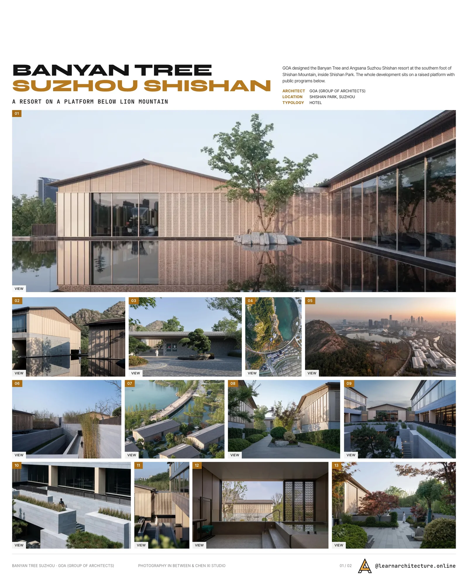 Presentation board cover for Banyan Tree and Angsana Suzhou Shishan by GOA (Group of Architects), with the lead image, project summary and a grid of photographs and drawings