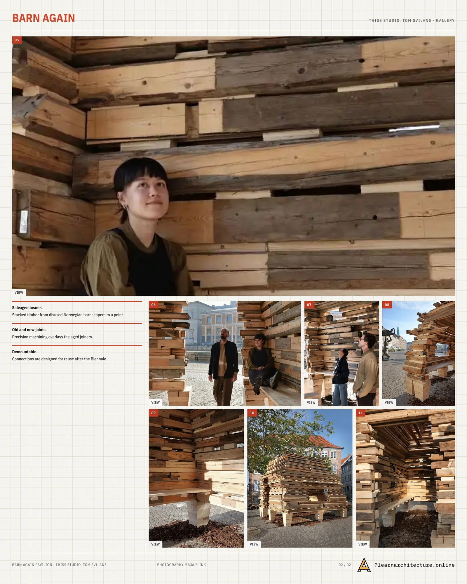 Second presentation board sheet for Barn Again Pavilion by THISS Studio & Tom Svilans, laying out the project drawings and images on one page