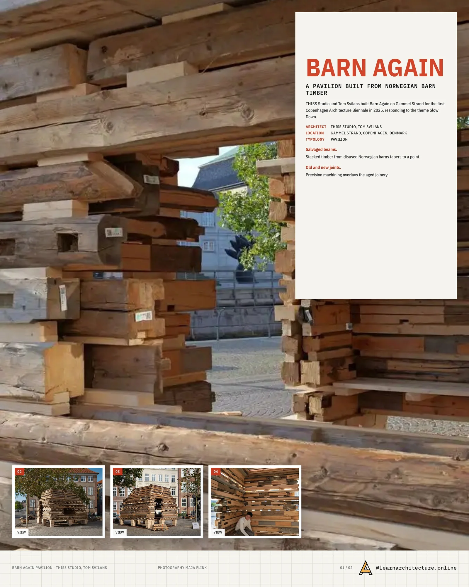Presentation board cover for Barn Again Pavilion by THISS Studio & Tom Svilans, with the lead image, project summary and a grid of photographs and drawings