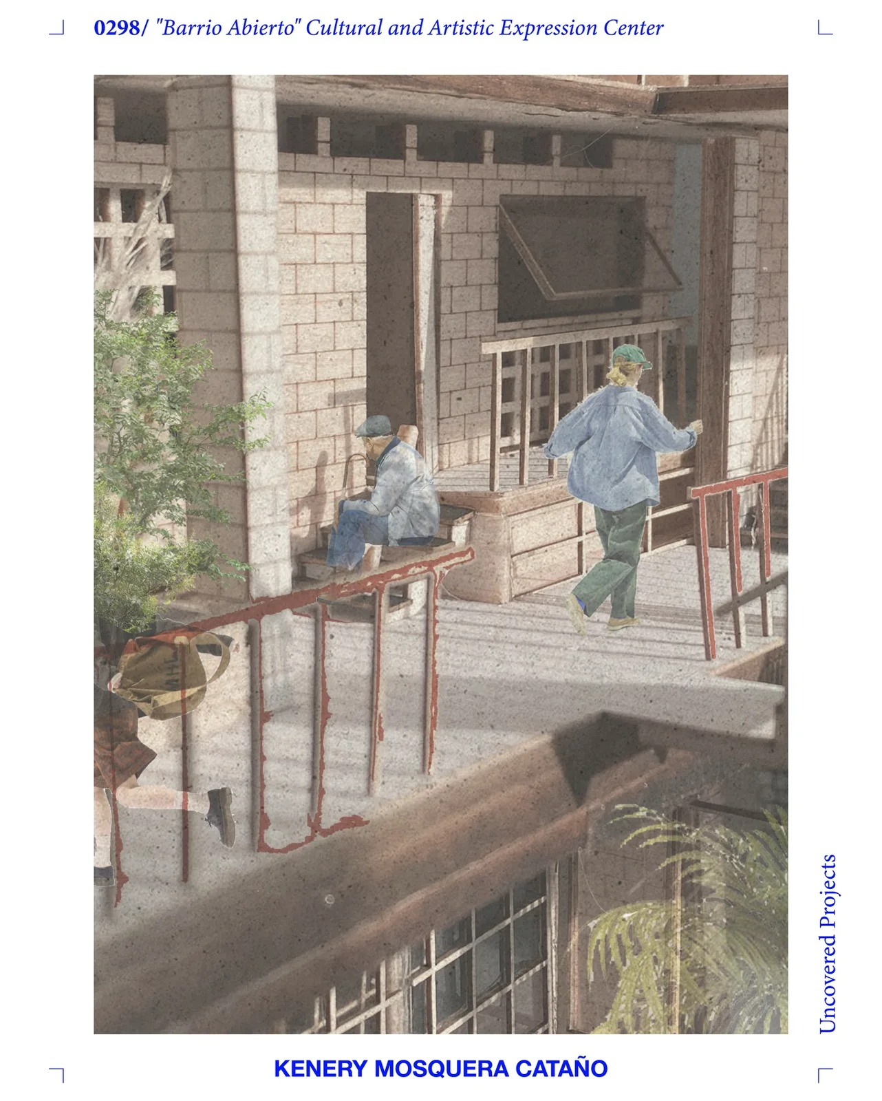 Illustrative rendered perspective of a timber terrace structure with collaged figures of people