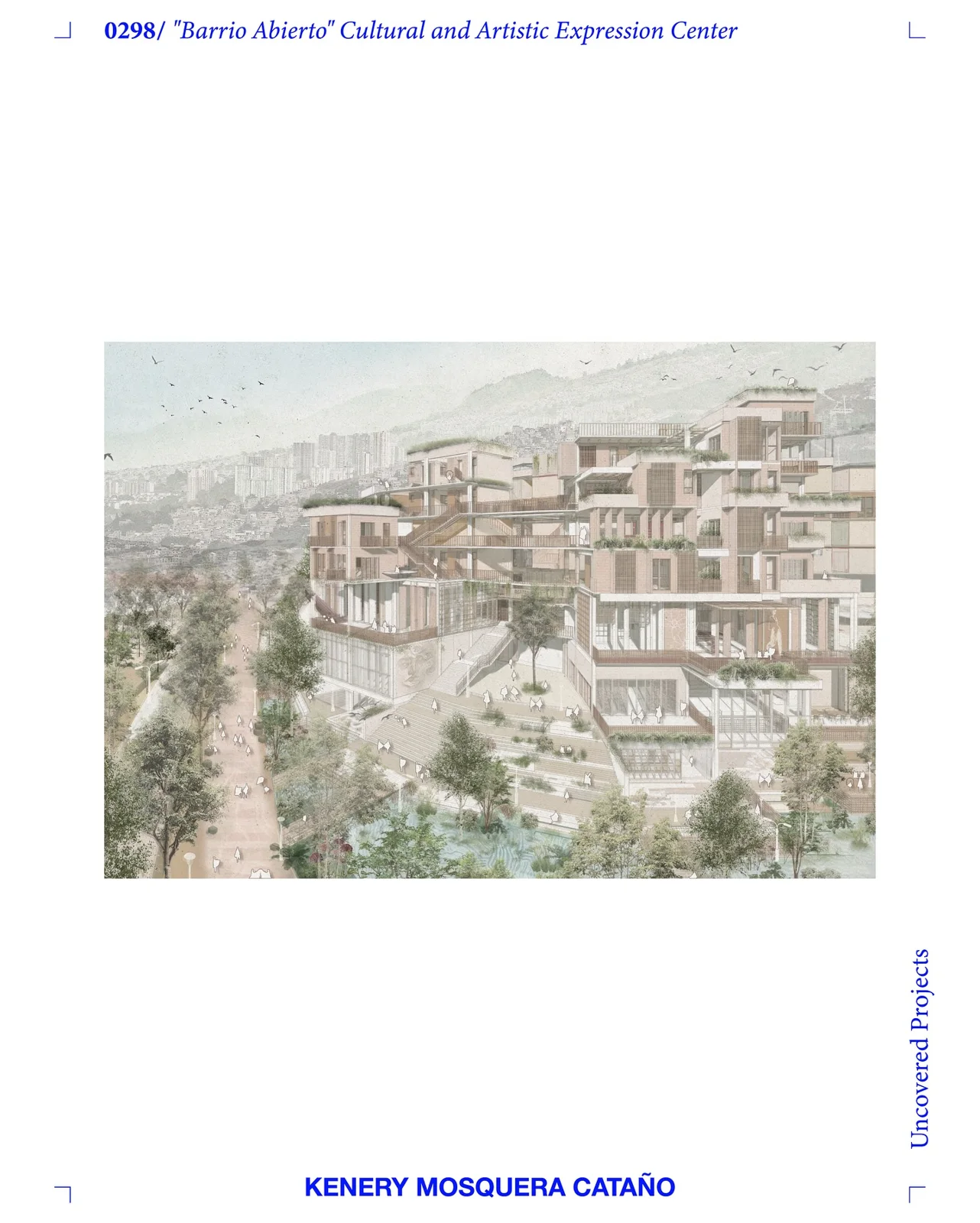 Illustrative bird's eye view of dense stepped housing climbing a hillside in warm tones, showing scale across a hillside district