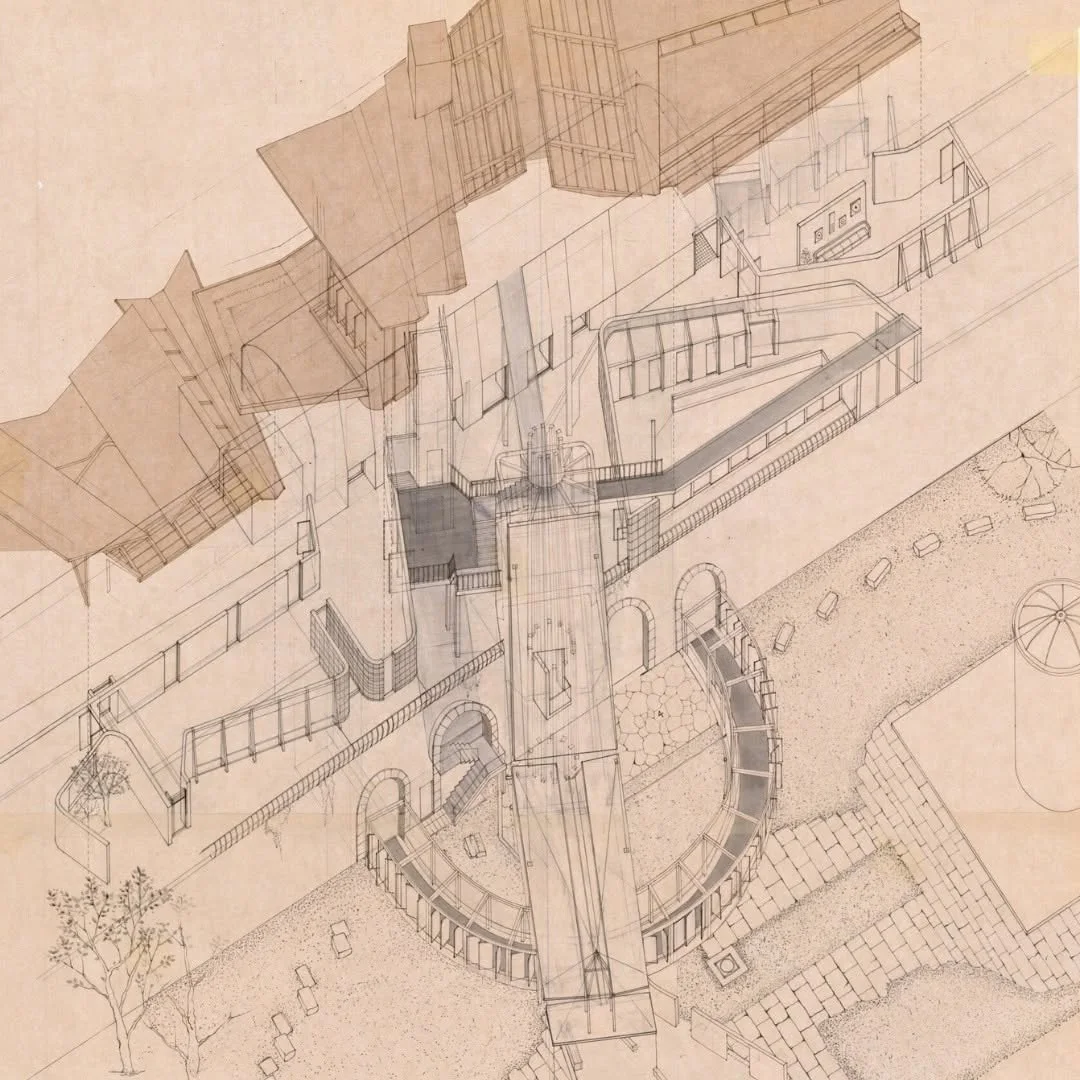 Pencil axonometric sketch of a stepped building complex on toned paper