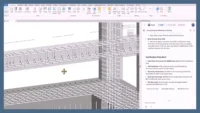 Revit 3D view of reinforced beams and a column beside an Argus chat panel with a rebar verification checklist