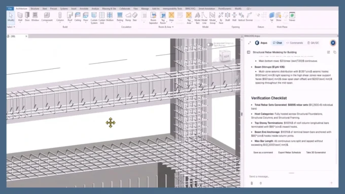 Revit 3D view of reinforced beams and a column beside an Argus chat panel with a rebar verification checklist