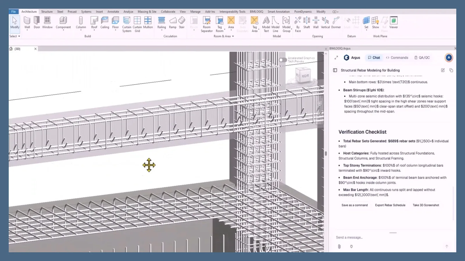 Revit 3D view of reinforced beams and a column beside an Argus chat panel with a rebar verification checklist