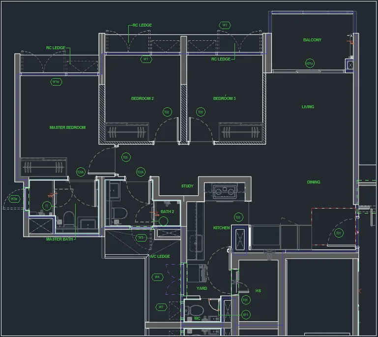 Dark Revit floor plan of an apartment with room names and tags in green placed clear of walls and doors