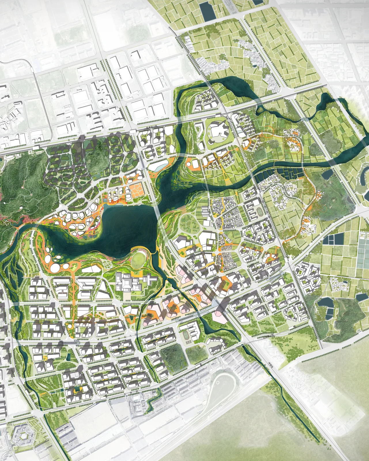 Aerial masterplan render of a lakeside park with a meandering waterway, planted islands and surrounding development