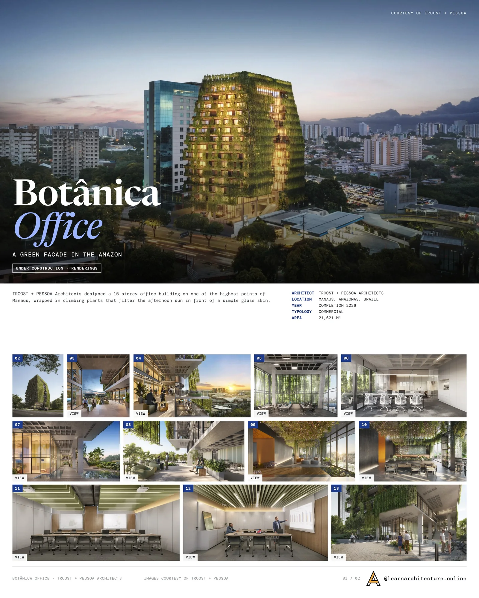 Presentation board cover for Botânica Office by TROOST + PESSOA Architects, with the lead image, project summary and a grid of photographs and drawings