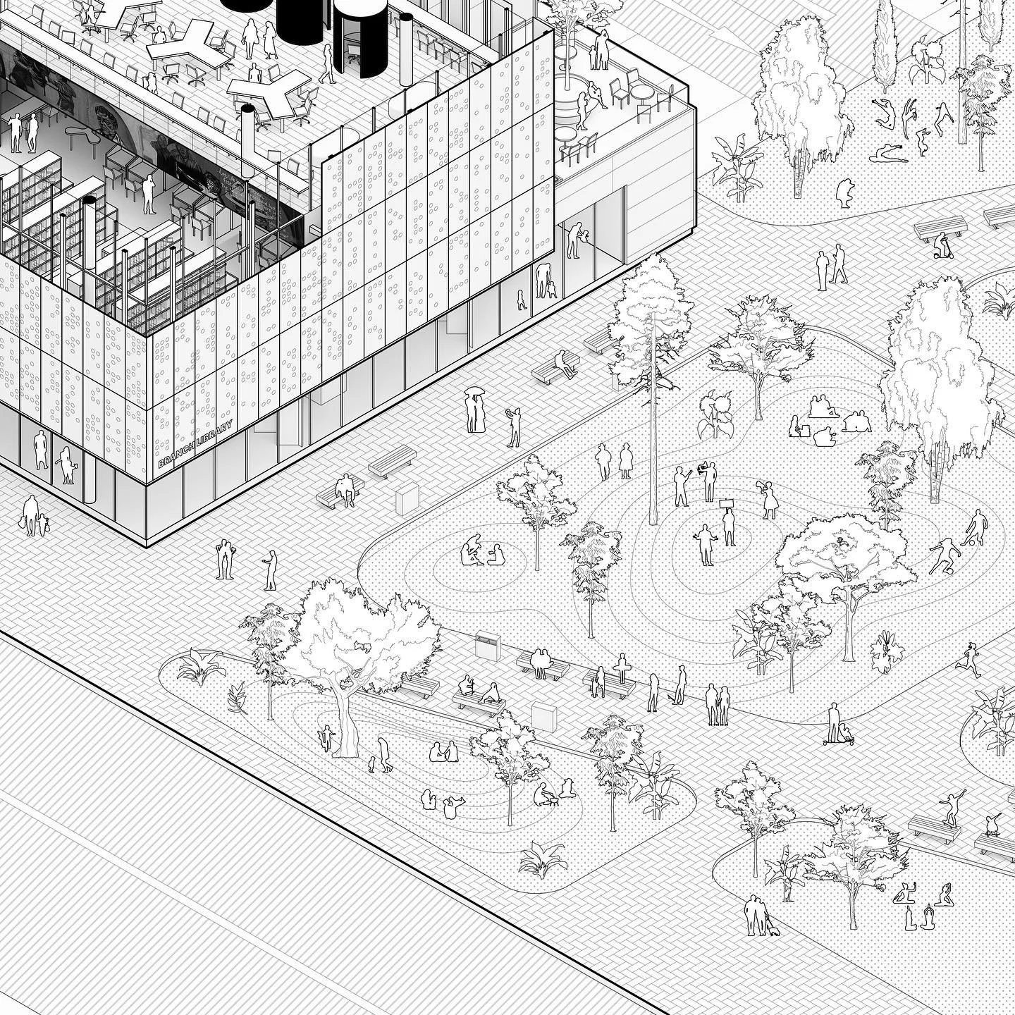 Isometric drawing of a glazed library volume opening onto a landscaped public plaza with seating and paths