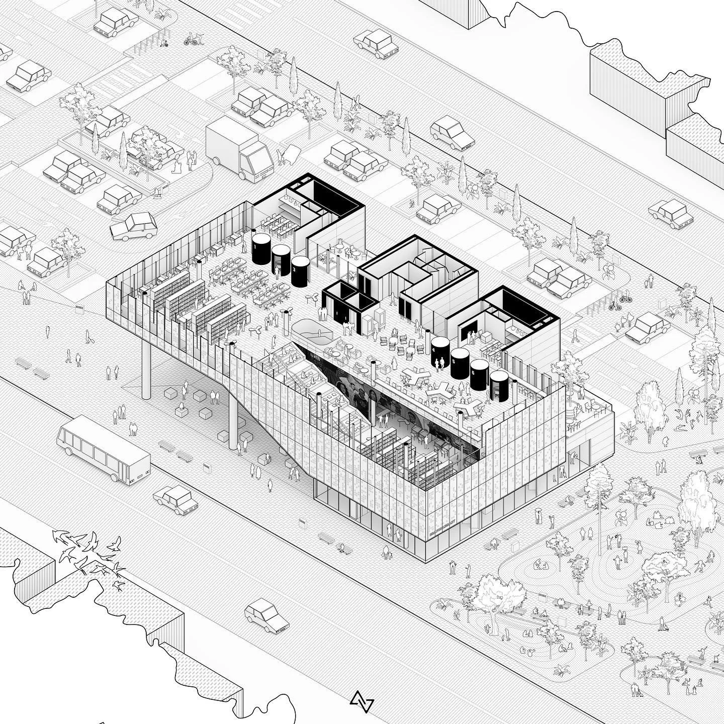 Isometric line drawing of an urban infill building block with stepped massing and street trees