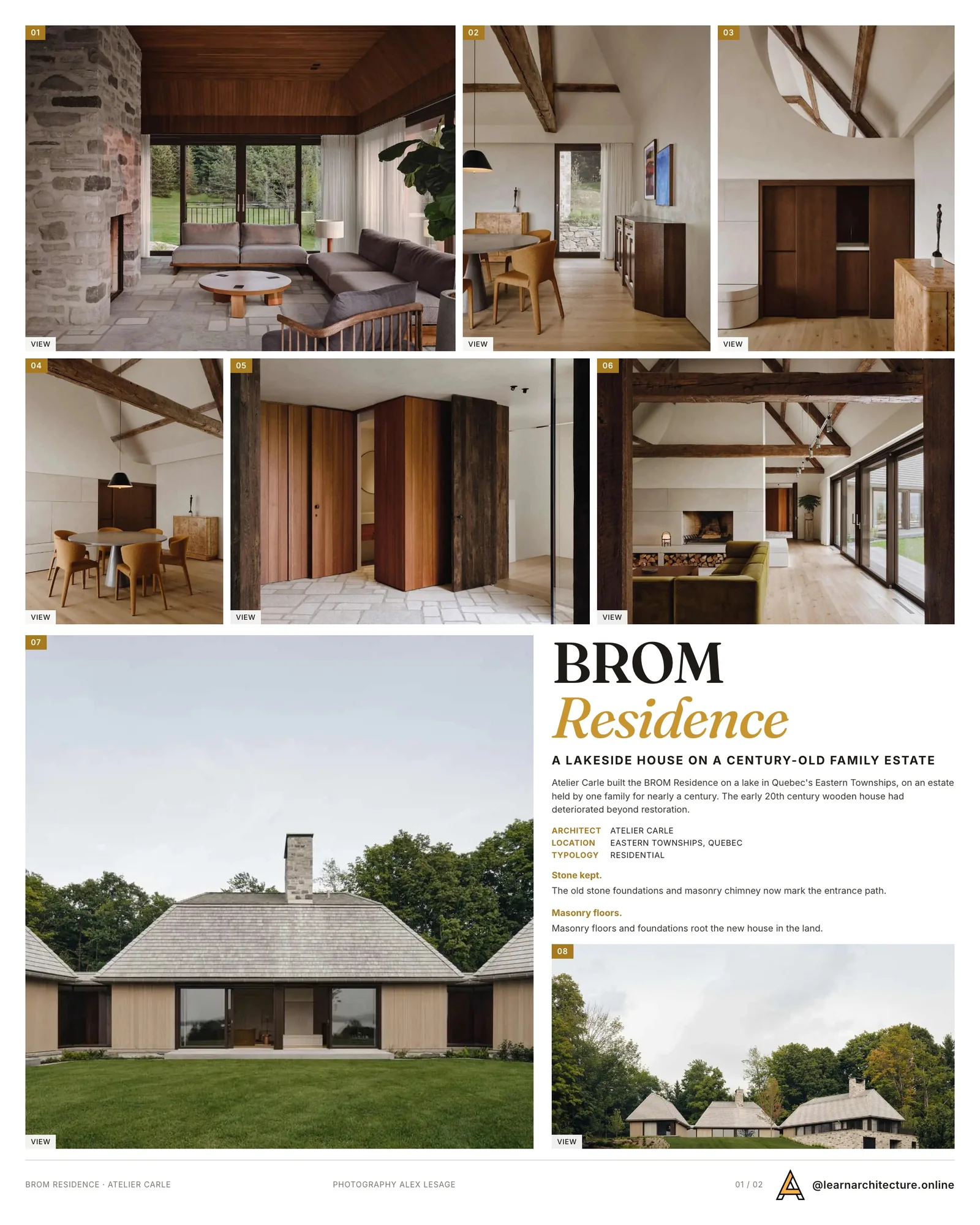 Presentation board cover for BROM Residence by Atelier Carle, with the lead image, project summary and a grid of photographs and drawings