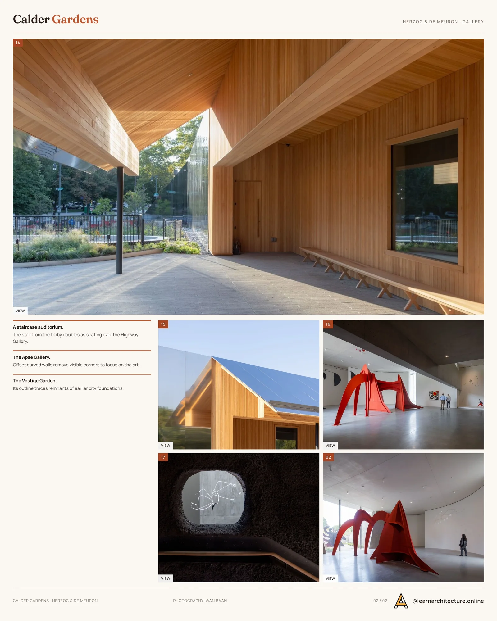 Second presentation board sheet for Calder Gardens Museum by Herzog & de Meuron, laying out the project drawings and images on one page